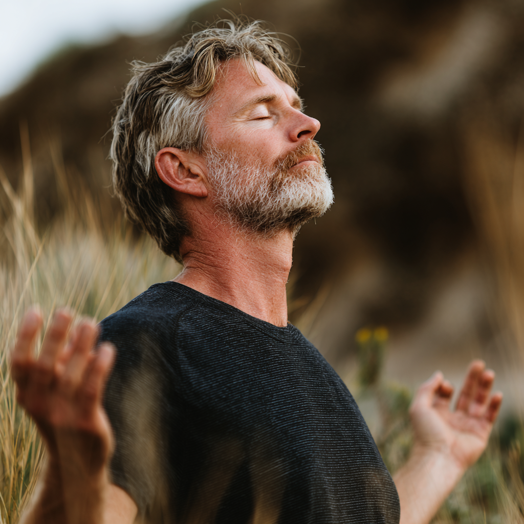 middle-aged person practicing mindful movement in natural setting with focused expression